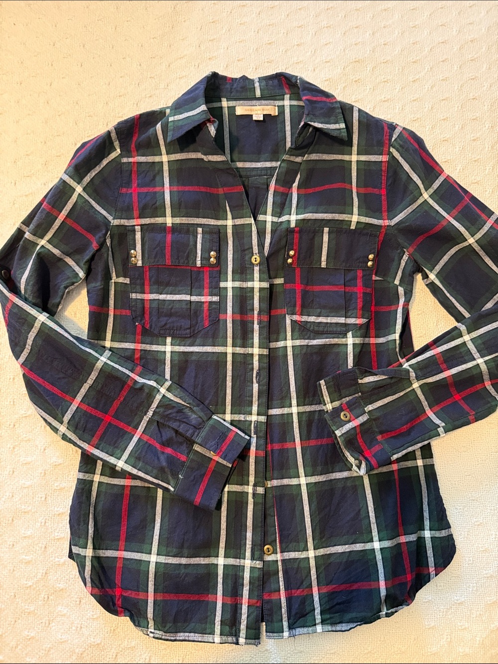 Skies Are Blue Navy, Green & Red Plaid Shirt with Stud Details